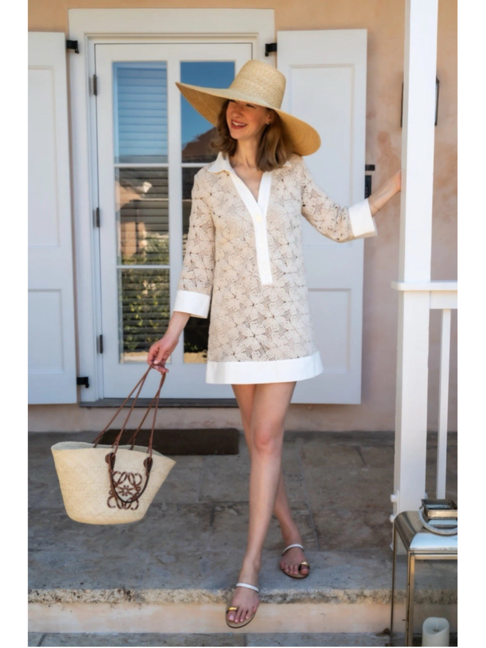 TUCKERNUCK Tan Crochet Collier V Neck Mini Dress Beach Vacation Resort Coastal
